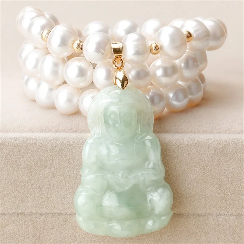 

HABITOO Women's Emerald Jade Guanyin Pendant 7-8mm White Freshwater Pearl Necklace 18 Inches Jewelry for Women Charming Gifts