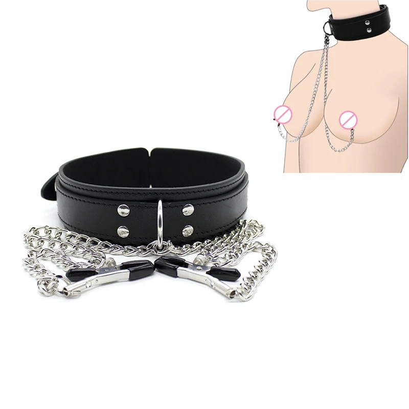 Кожаный чокер для связывания ошейник с зажимом сосков зажим груди цепочка пар SM