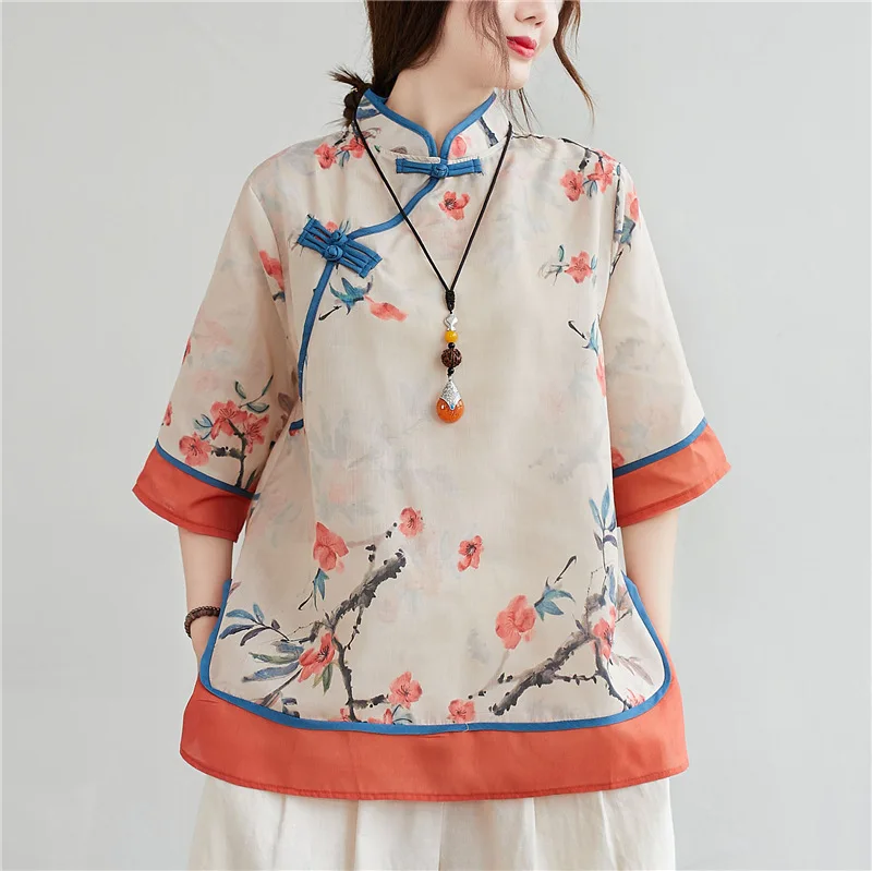 Блузка женская в китайском традиционном стиле хлопково Льняная Свободная