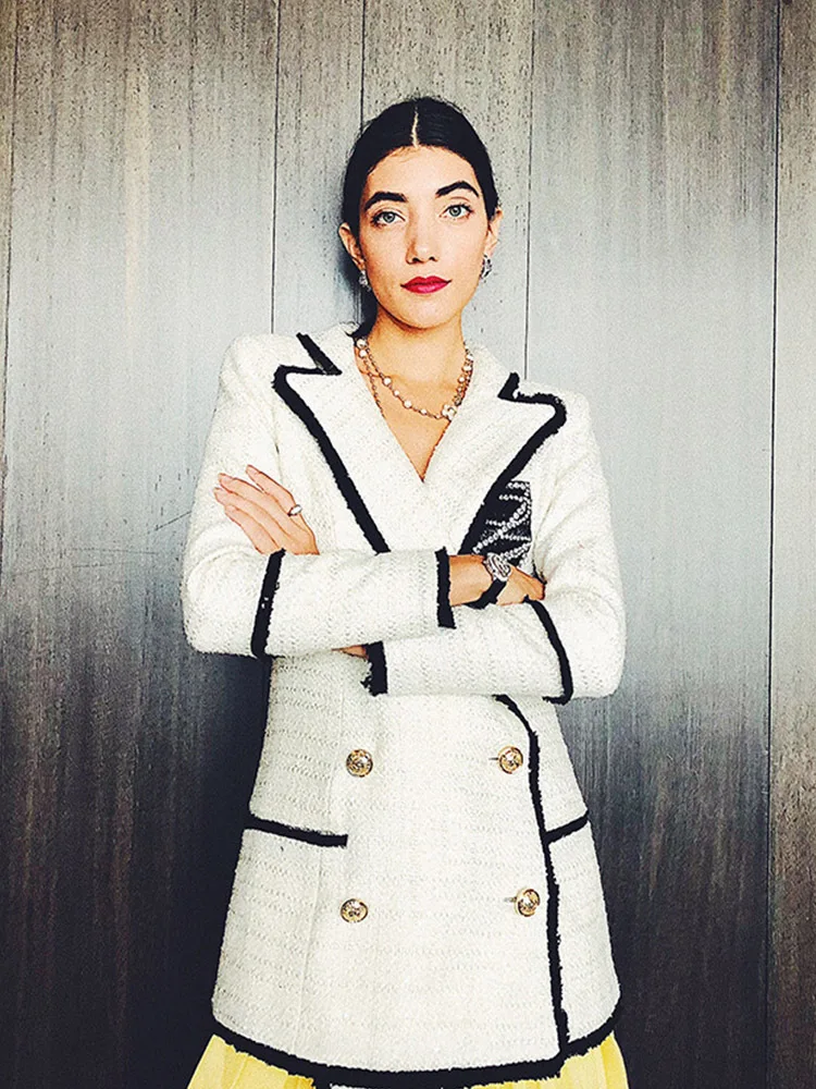 Plus Size XXXL Women High Street Long Jackets Runway Beading Double Breasted Solid Color White Slim Chic Blazers High Quality