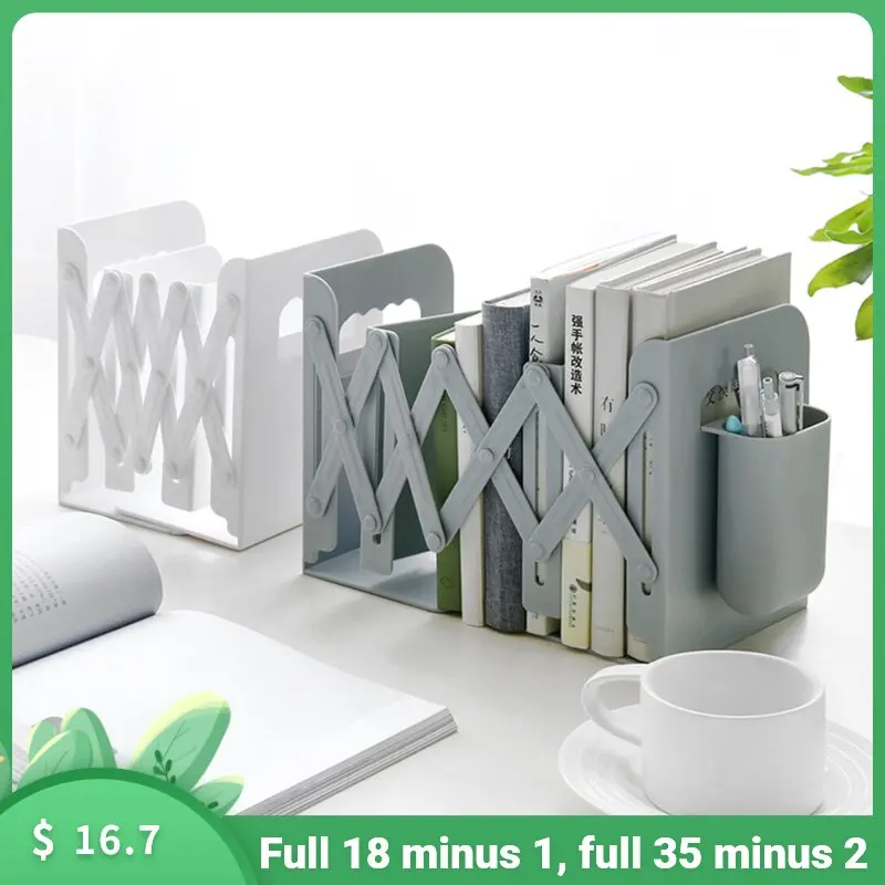 Retractable Bookends For Shelves Book Support Stand Adjustable Bookshelf With Pen Holder Desk Organizer Folder Book Stoppers