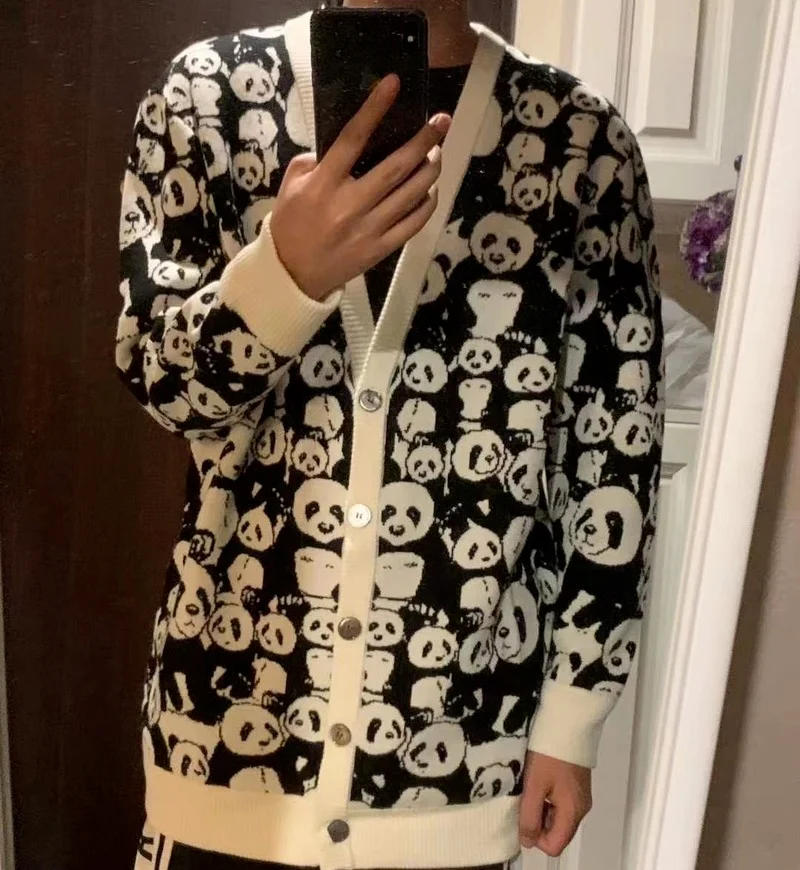 Новинка Осень-зима 2021 утолщенный вязаный кардиган с рисунком панды средней длины