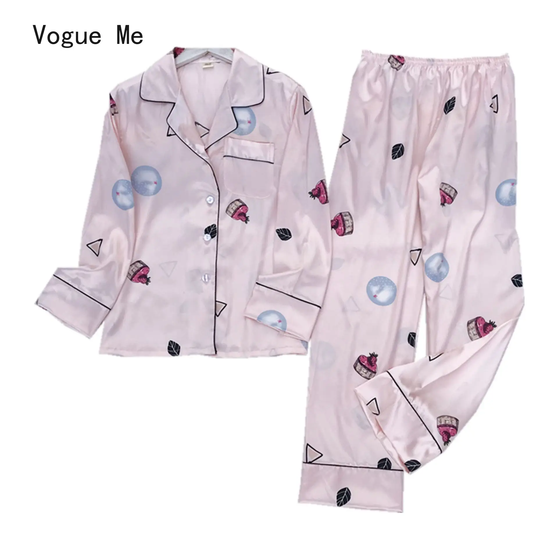 

New Style Pajamas Women's Spring and Autumn Long-Sleeved Ice Silk Lapel Leisure Tops Cute Printed Thin Pajamas Set Homewear