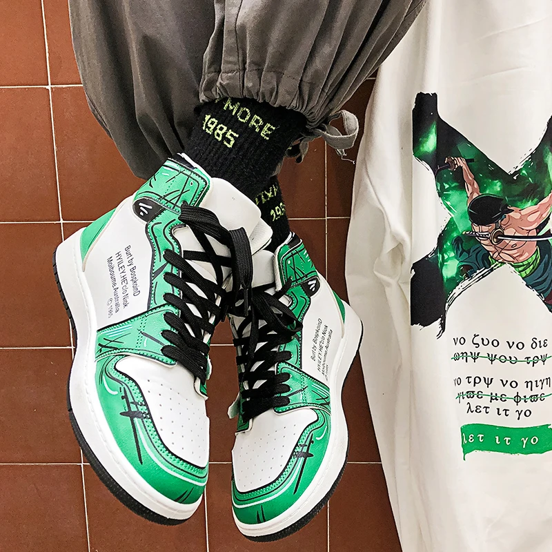 Autumn Winter Fashion Green Men's Anime Shoes Leather Flats Boots High Men Skateboard Sneakers Vulcanized Shoes Zapatillas Skate