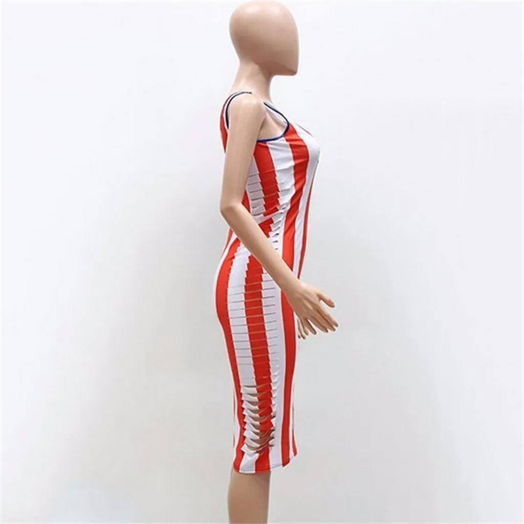 Модное сексуальное платье без рукавов в полоску с принтом американского флага