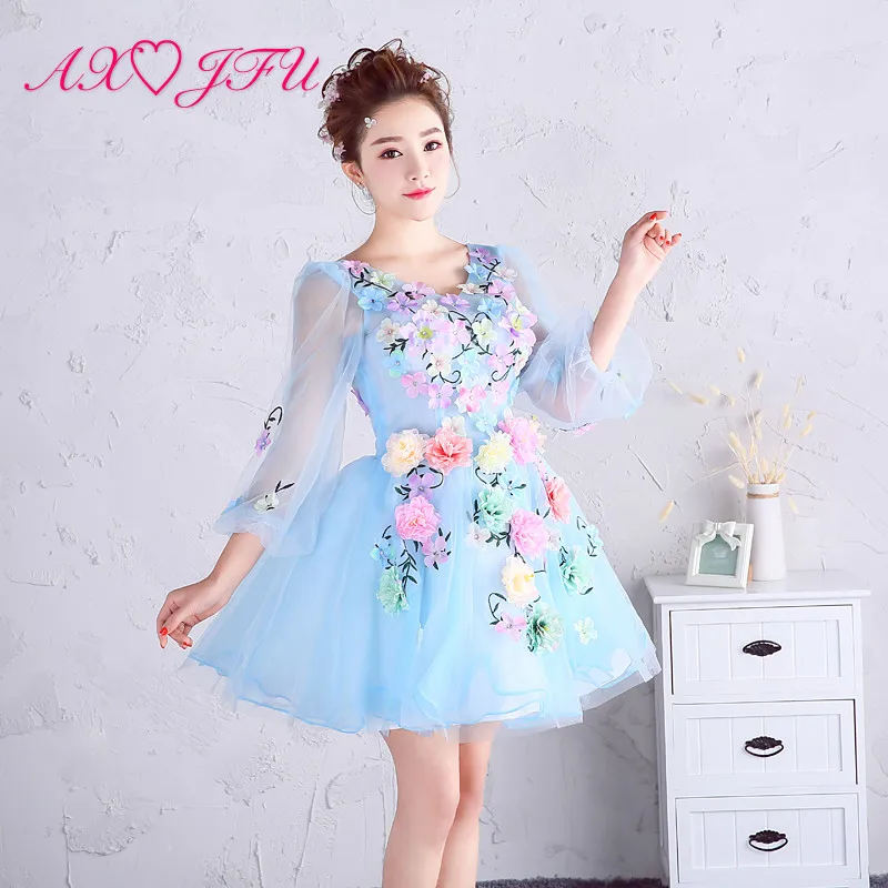 

AXJFU princess blue lace flower bride evening dress vintage v neck long sleeve beading flower host short pink lace evening dress