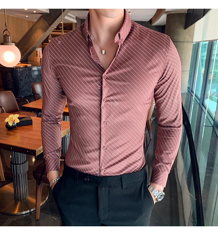 Chemise Homme британский стиль Для мужчин рубашка в полоску с длинными рукавами, высокое качество, отложной воротник, деловая, общественная рубашки Для мужчин клубный костюм-смокинг