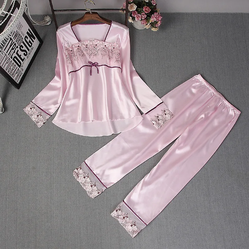 2021 New Women's Pajamas Sets Silk Home Wear Fashion Lace Nightwear Long Sleeve Trousers Nightgown Suit Sleepwear Slash Neck