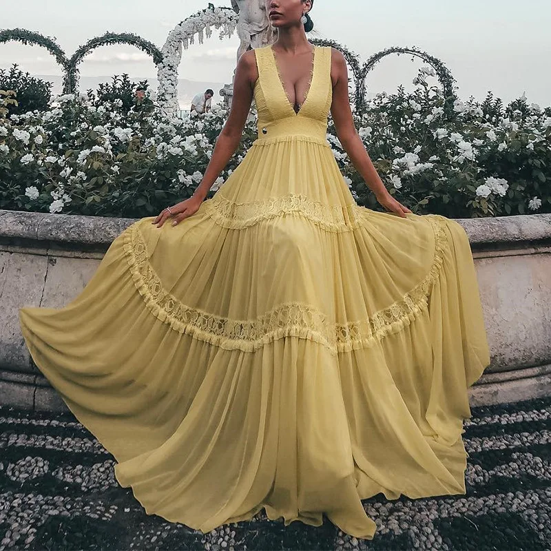 

Linglewei New Spring and Summer Women's Dress popular sexy V-neck suspender patchwork dress