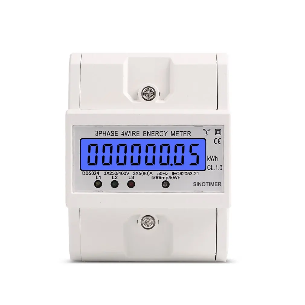 

Din Rail 3 Phase 4 Wire Electronic Watt Power Consumption Energy Meter Wattmeter kWh 5-80A 380V AC 50Hz LCD Backlight Display