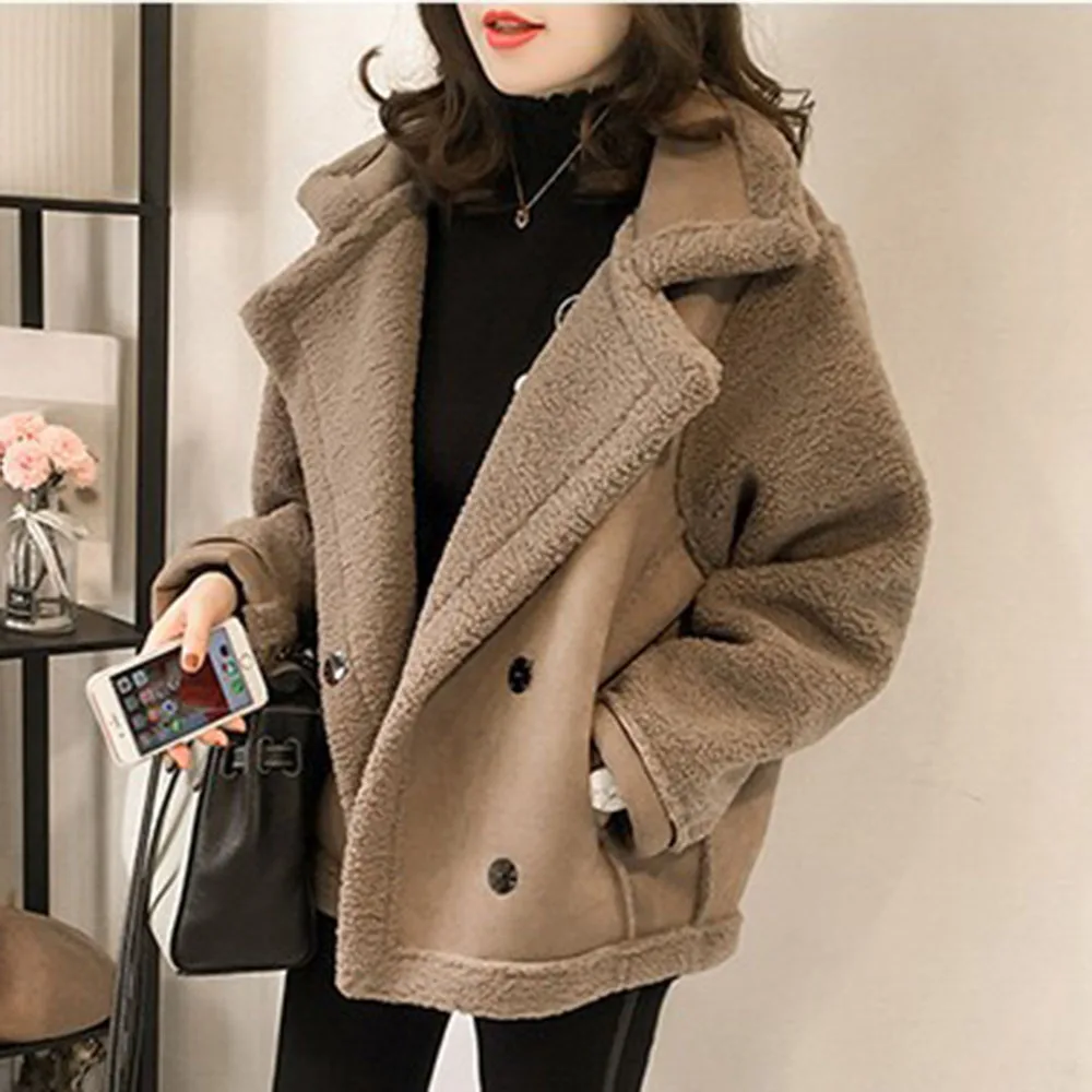 Korean Fashion Women Winter Plush Coat Causal Suede Jacket Turn Down Collar Warm Fleece Thickening Outwear Female Short Coats