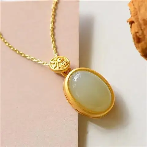 

S925 Sterling Silver Thick Gold Inlaid Natural Hetian Jade Egg Noodle Pendant Russian Old Materials Spinach Green Gilding Craft