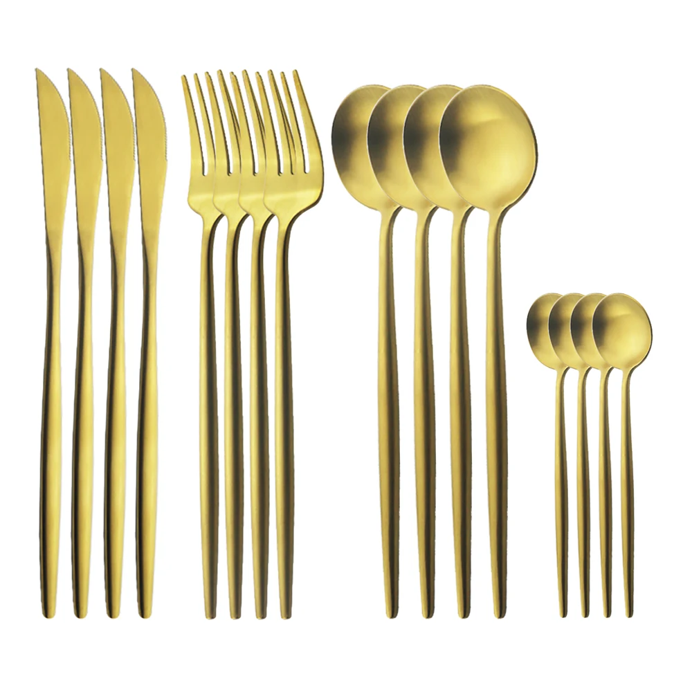 

Набор столовых приборов из нержавеющей стали 304, 16 предметов, Золотая круглая ручка, нож, вилка, ложка, столовые приборы, можно мыть в посудом...