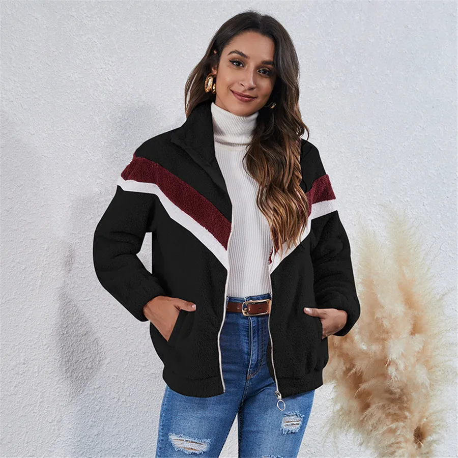 

Winter Fleece Women's Coat Casual Stitching Stripe Ladies Plush Clothes Zipper Coat Women Warm Turtleneck Jacket Outwear