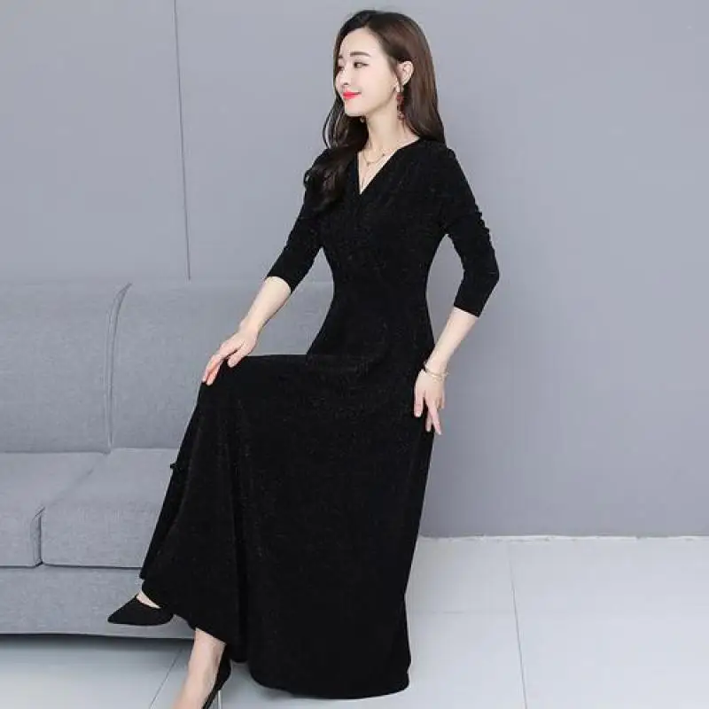 Maxi Dresses For Women Fashion Bright Wire Long Sleeve Slim A-line Party Robe Plus Size Ladies Solid Black Elegant Dress Vestido | Женская