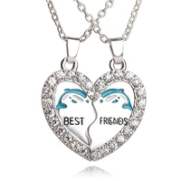 2 pcset best friends silver color heart dolphin pendant friend ship necklace for women best gifts for friends