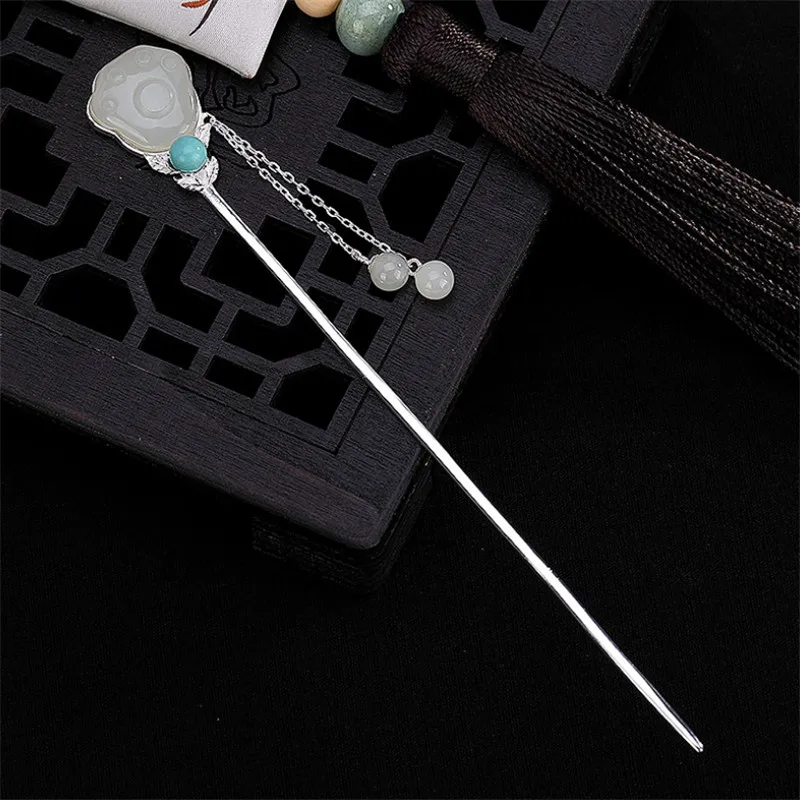 Uglyless Bohemia Turquoise Hair Sticks for Women Ethnic Natural Jade Clouds Forks Solid 925 Silver Jewelry Eastern Tassels | Украшения и