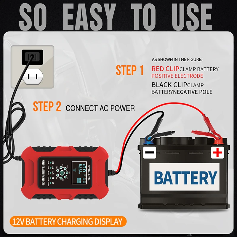 FOXSUR Lifepo4 Battery Charger,10-Amp Trickle Charger 12v/24v,Multifunctional Battery Charger for AGM GEL Wet Lead-Acid Battery images - 6