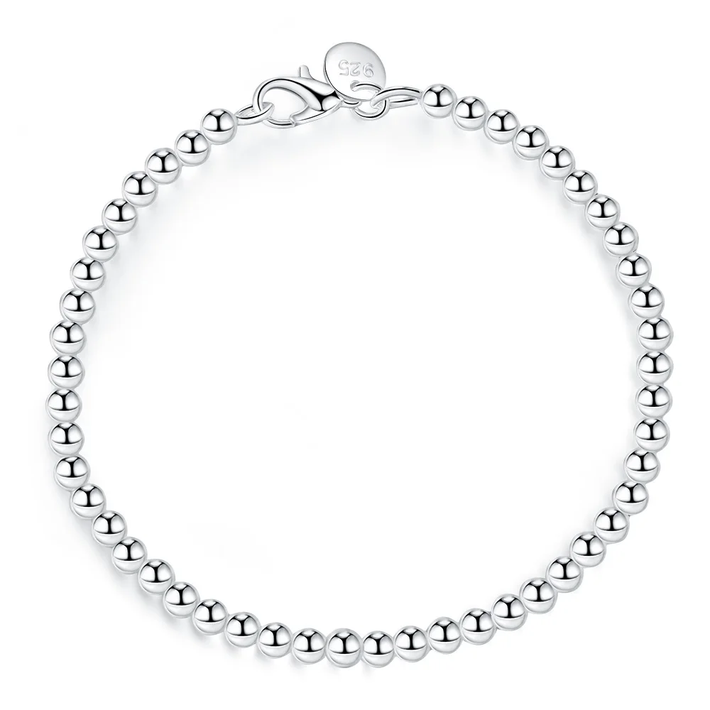 

100% 925 Solid Real Sterling Silver Fashion 4mm Beads Chain Bracelet for Women 20cm For Teen Girls Lady Gift Women Fine Jewelry