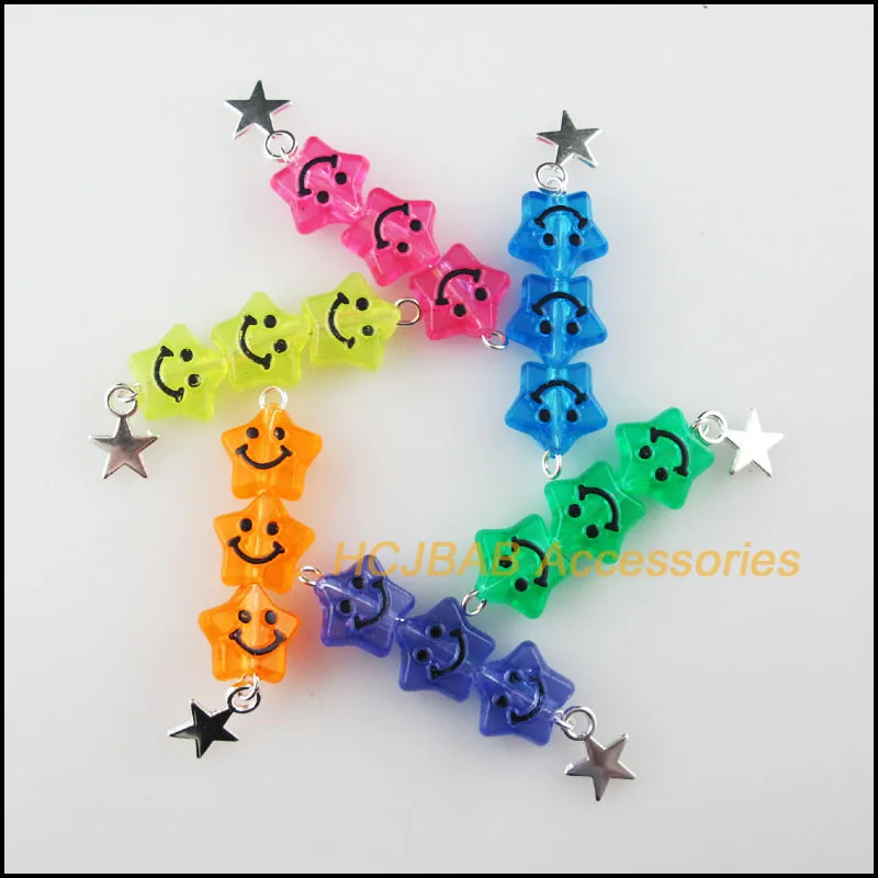 

12 New Mixed Star Smile Beads Charms Acrylic & Tiny Star Silver Plated Pendants Retro 12x44mm