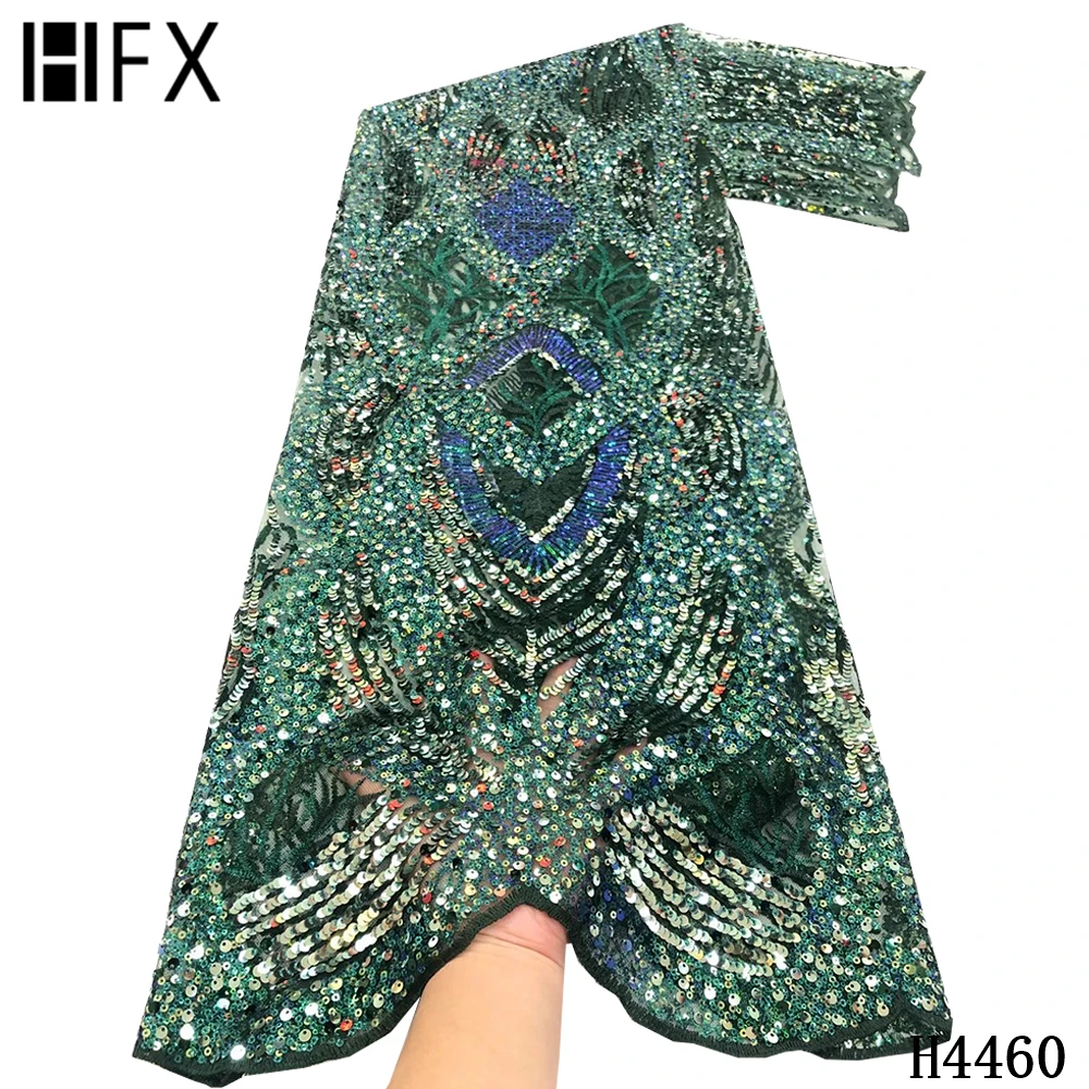 

HFX latest navy french net lace nigerian tulle fabric embroidery 5 yards african mesh lace sequins fabrics for party dress H4460