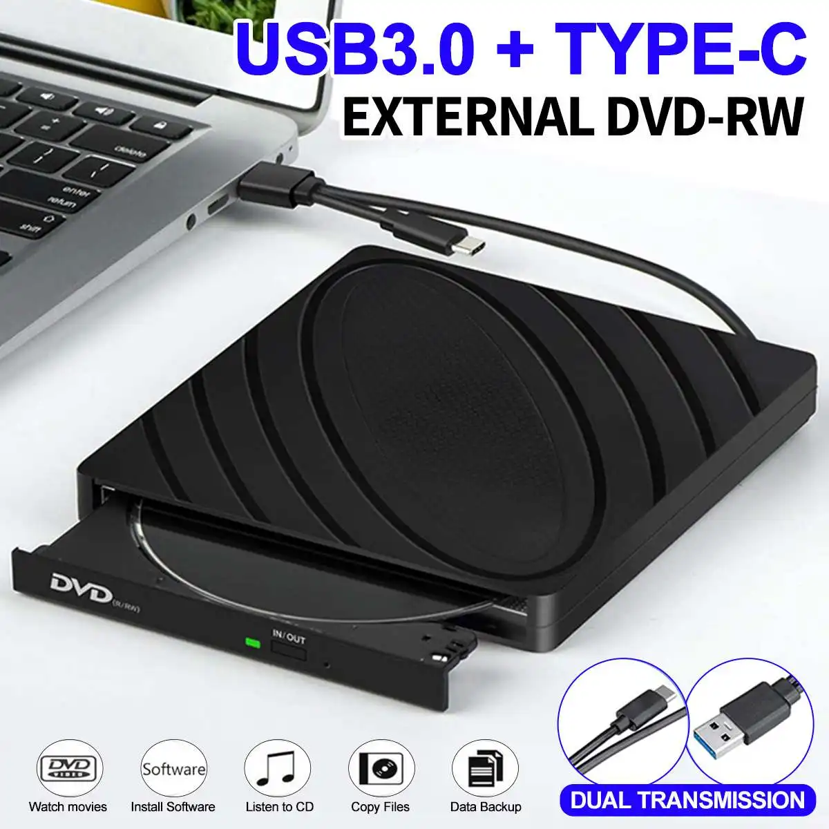 External DVD-RW Writer Reader USB 3.0 &Type C DVD Drive, CD Burner Driver Drive-free High-speed Read-write Recorder Player