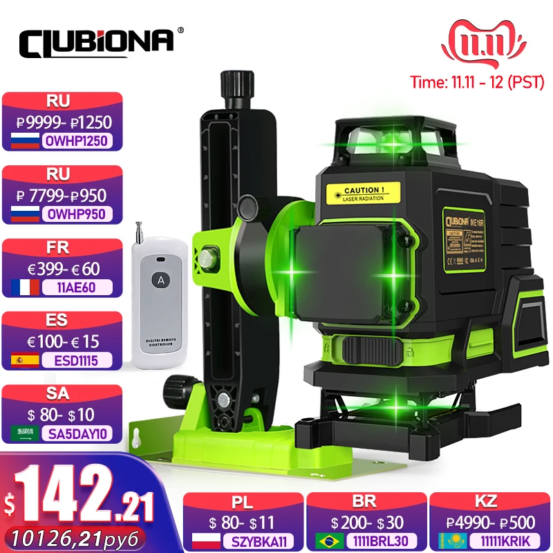 

CLUBIONA 4D ME16R German Laser Core New ABS & Rubber Shell Line Laser Level 360 with Remote Control and 5200mah Li-ion Battery