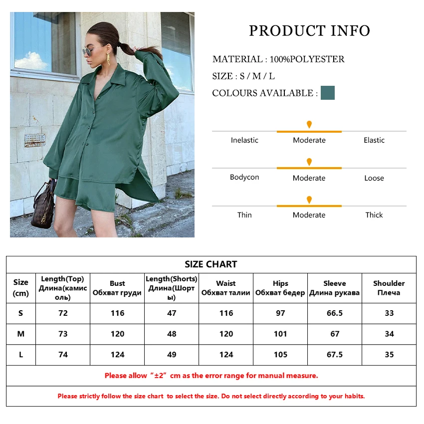 

Clacive Casual Green Satin Shorts Suit Casual Long Sleeve Blouse Shirt 2 Piece Short Set Women Oversize Home Suit For Shorts
