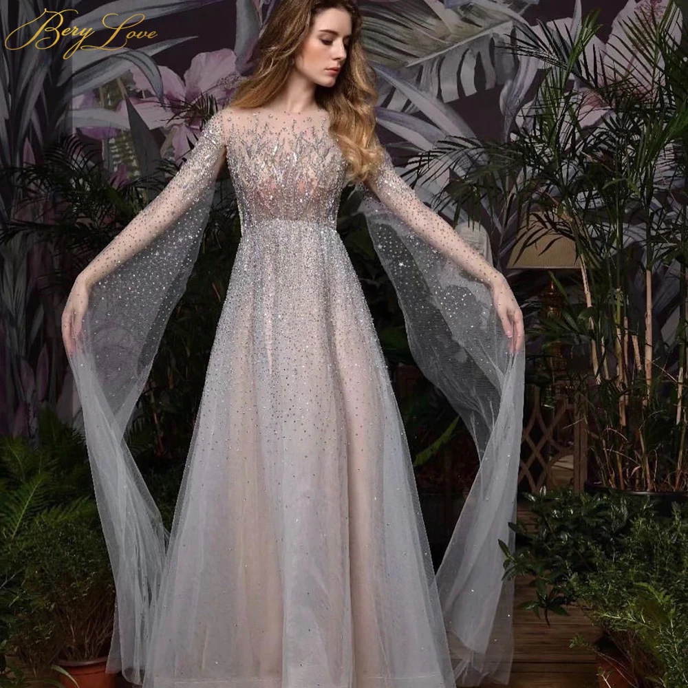 

Sexy Neck Silver Grey Evening Dress 2020 Flowing Long Sleeves Crystal Bead Diamond Tulle Long Abiye Prom Party Dress vestido