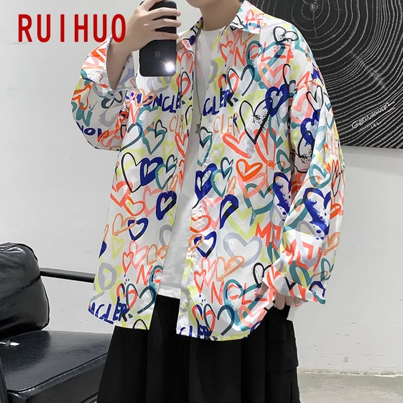 

RUIHUO Print Casual Shirts For Men Clothing M-2XL Summer Clothes For Men Shirts Long Sleeve 2021 New Arrivals
