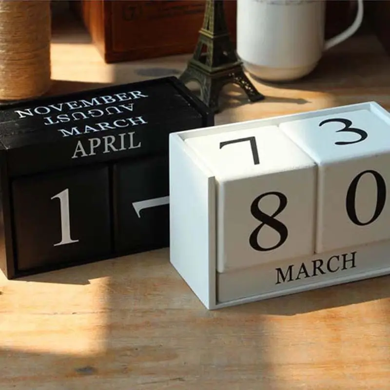 Vintage Wooden Perpetual Calendar Eternal Blocks Month Date Display Desktop Accessories Photography Props Home Office Decoration |