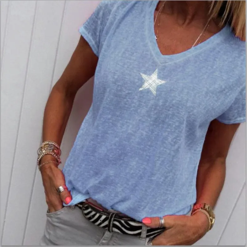 

2021 Women's Fashion Star Print Solid Large Summer Casual V-neck Short Sleeve T-shirt