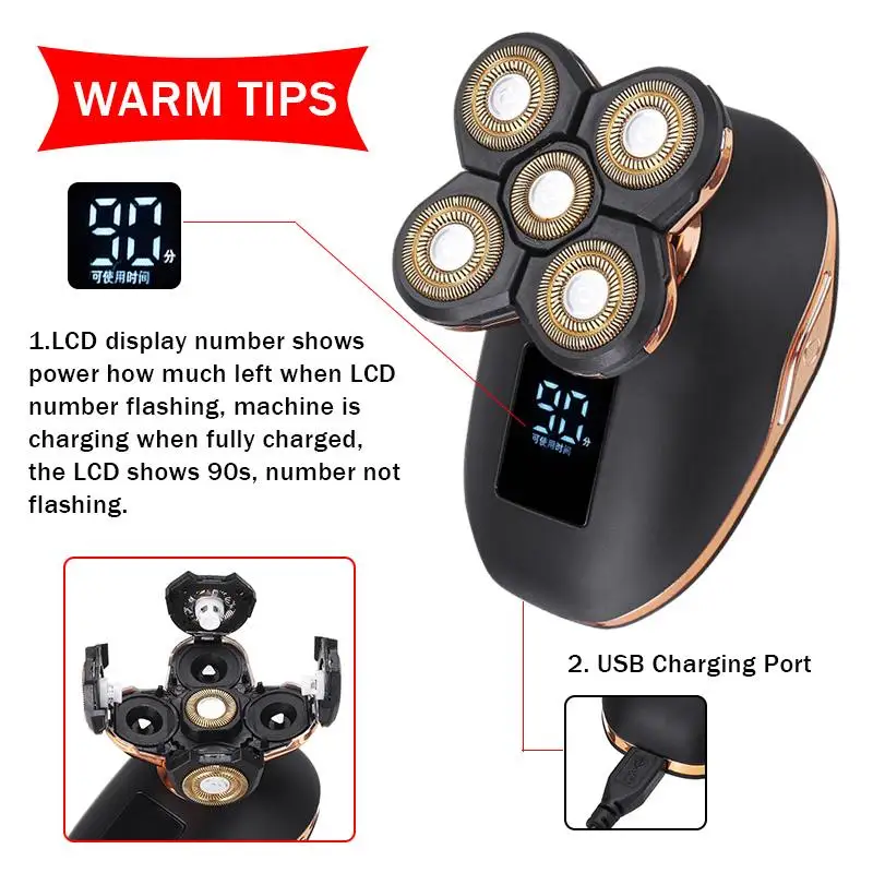 

LED Floating Blade Head Rechargeable Men Electric Bald Head Shaver Beard Trimmer Razors Nose Hair Cutter Wet/Dry Washable
