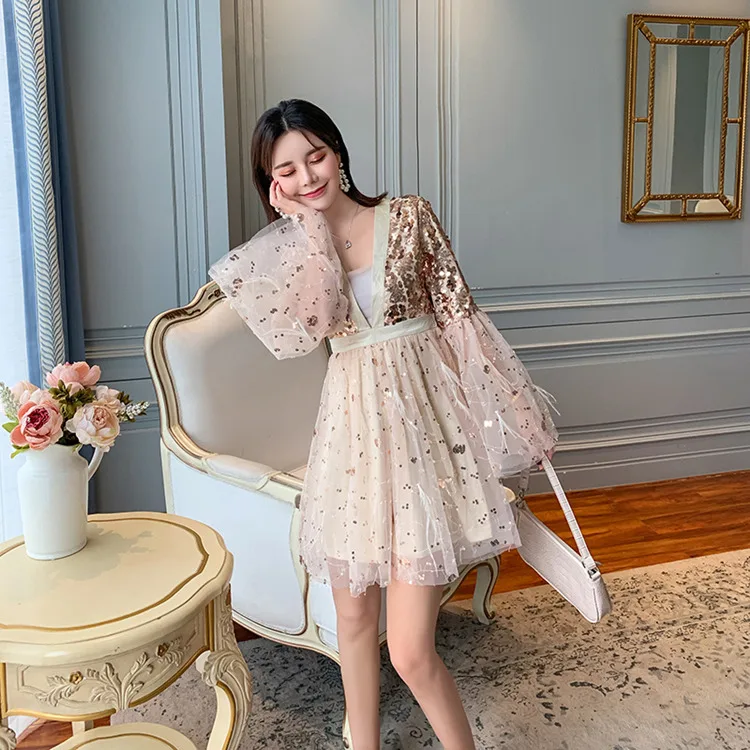 

Fashionable new super fairy sequined tassel feather mini dress dress