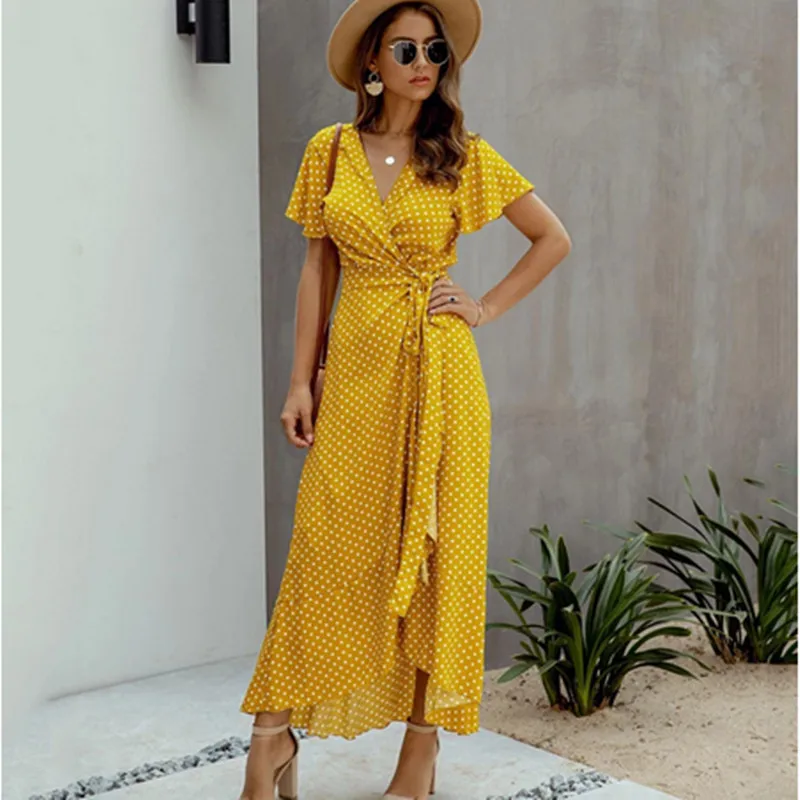 

2021 Summer Maxi Dress Women Polka Dot Sexy Ruffles Short Sleeve Holiday Long Beach Sundress Fashion Bohemia Dresses Bandage