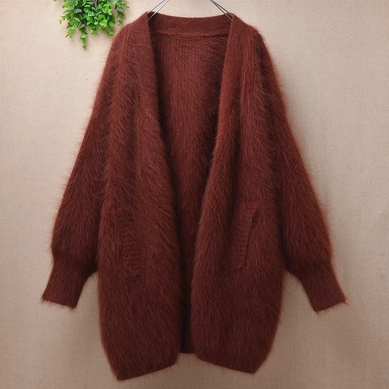 

Женская зимняя Толстая теплая вязаная одежда из Ангорского кроличьего меха с длинными рукавами «летучая мышь»