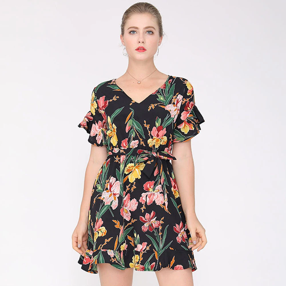 

Spring And Summer New Fashion Hot Sale Wholesale Print V-Neck Lace Chiffon Short Sleeve Dress