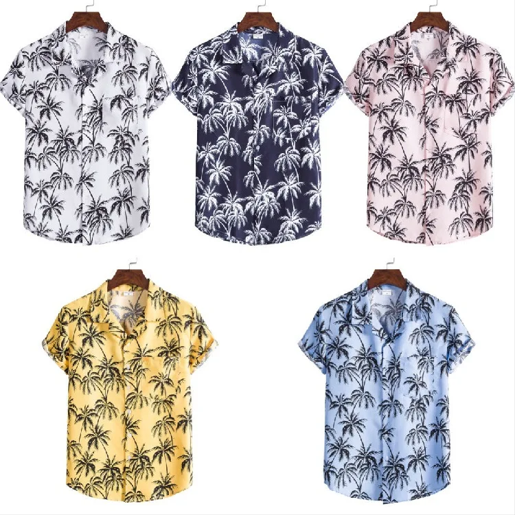 

Hawaiian beach style short-sleeved floral shirt male large size casual loose coconut tree print shirt male button up shirt