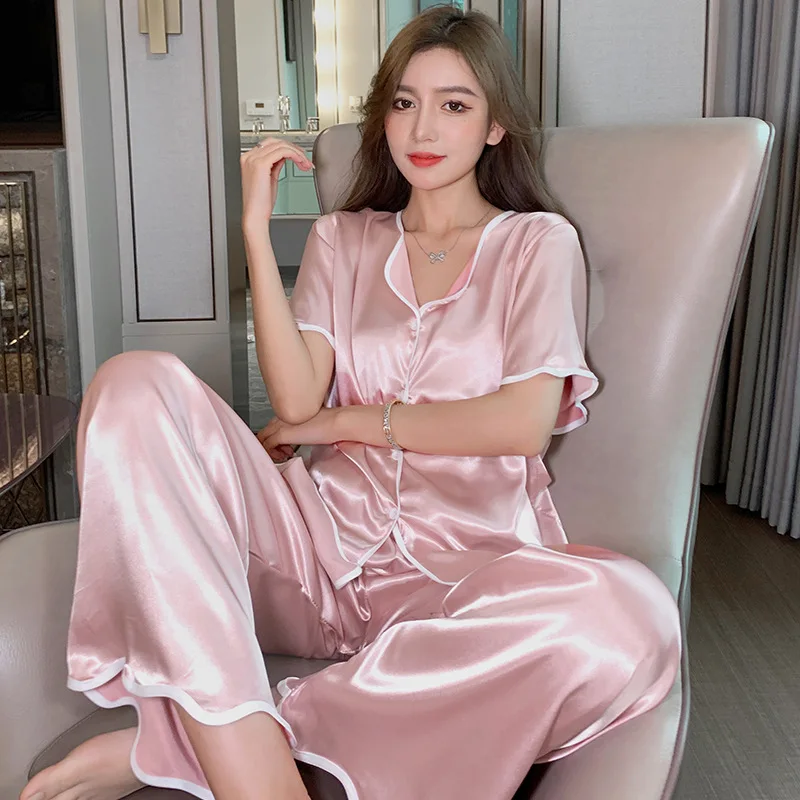 Spring Summer 2021 Women's Pajamas Suit Fashion Ice Silk Short V-Neck Nightgown Home Clothes Female Sleepwear Sleeping Wear
