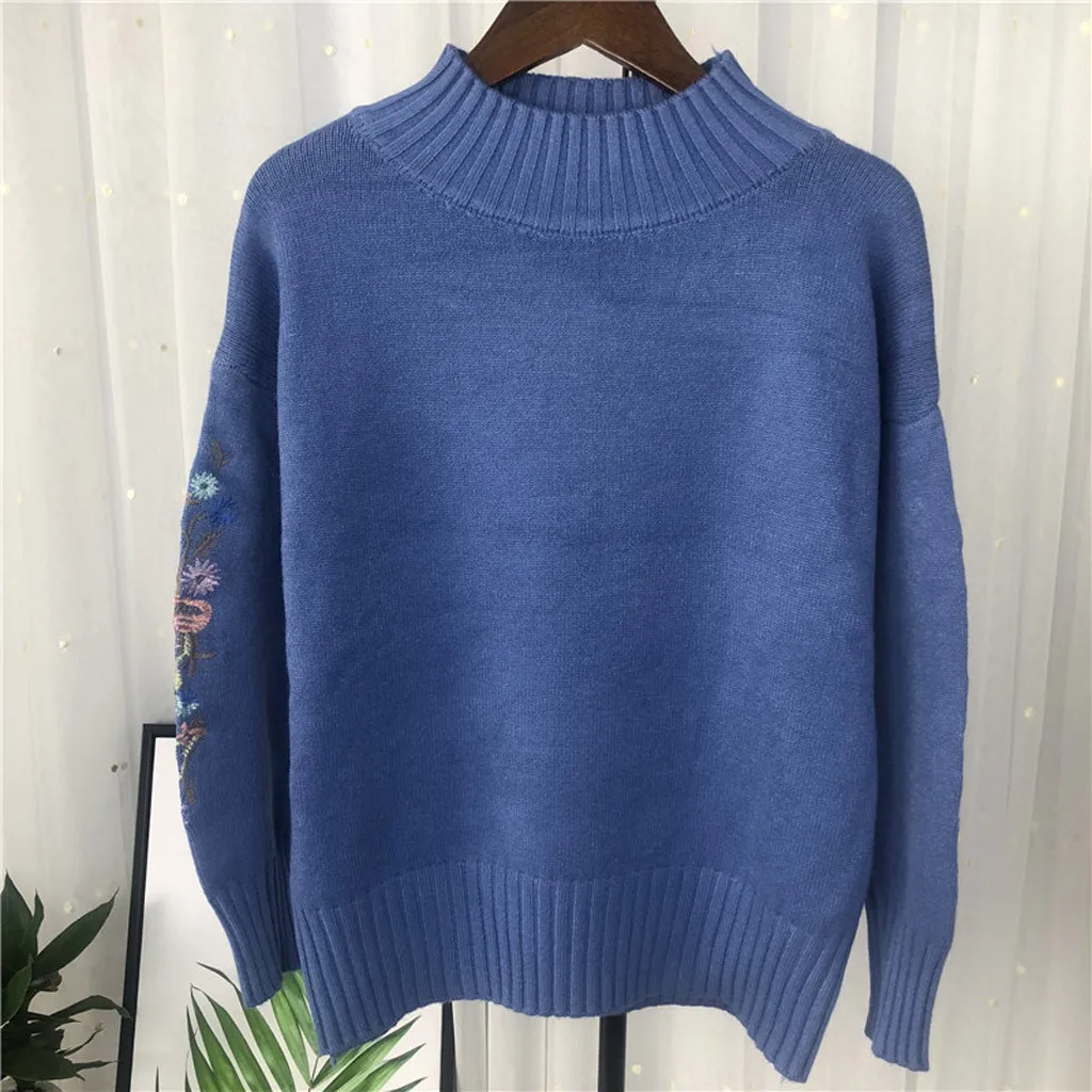 New Loose Thick Warm Winter Pullover Sweater Women Embroidery Jumper Half Turtleneck Long Sleeve Knit Yellow Sweater Female