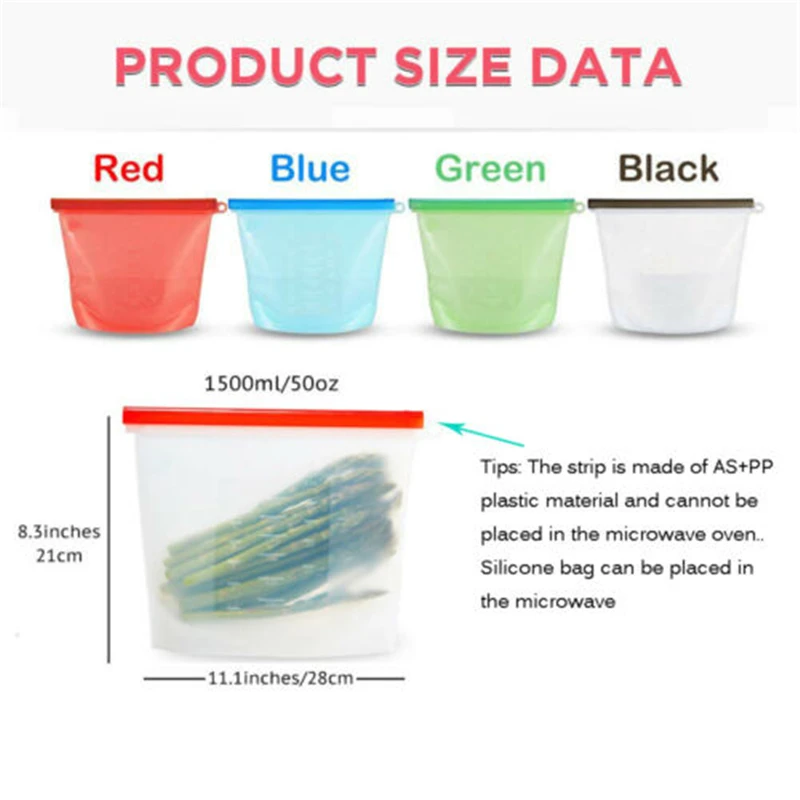 1.5L Reusable Ziplock Vacuum StorageBag Silicone Food Freezer Fresh Preservation For Kitchen Storage | Дом и сад