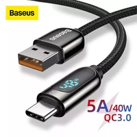 baseus 5a type c cable for red mi note 9 huawei p40 p40 pro usb led display type c cable fast charger usb c wire code data cable