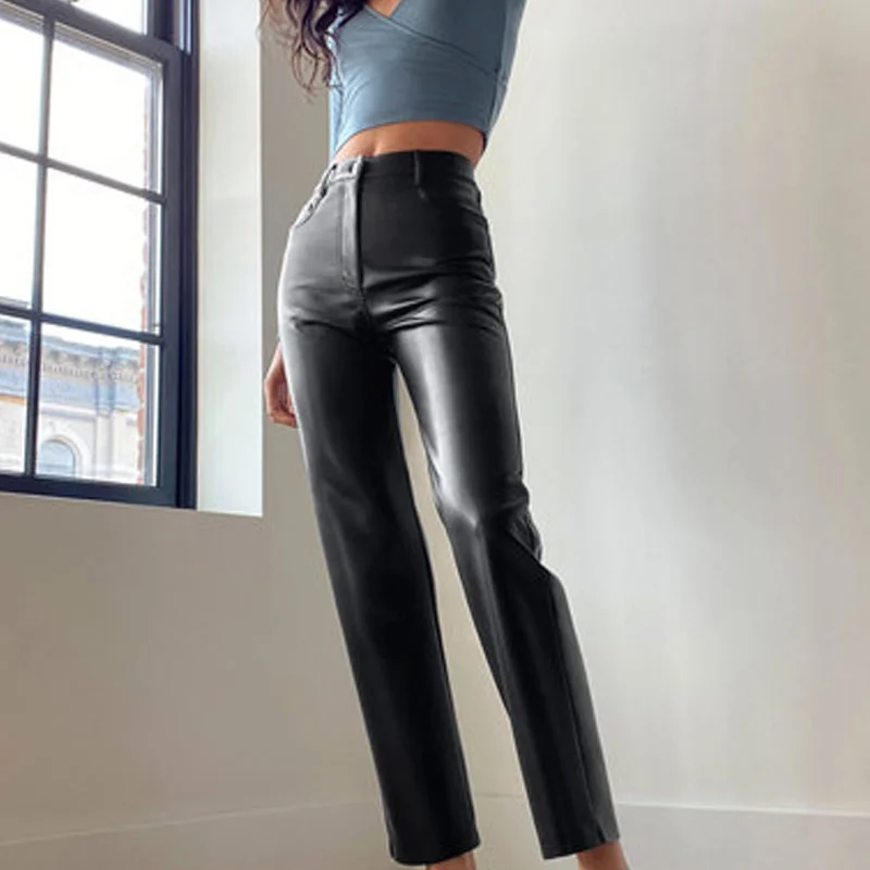 

Женские прямые брюки из искусственной кожи, Осенние пикантные коричневые брюки с высокой талией для женщин, винтажные уличные брюки, зима