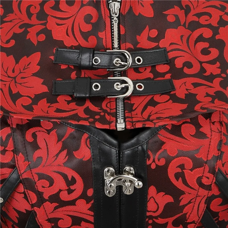 

3PC Red Jaquard Gothic Corset Bustier Top Suit Steel Boned Gorset with Choker Cape Steampunk Gothic Clothes