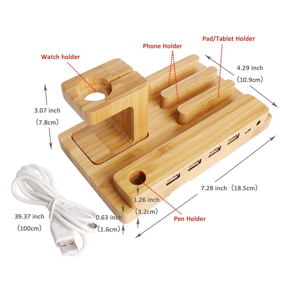 4 usb charger station phone holder stand for xiaomi charging docking station bamboo charger for iphone ipad apple watch samsung free global shipping