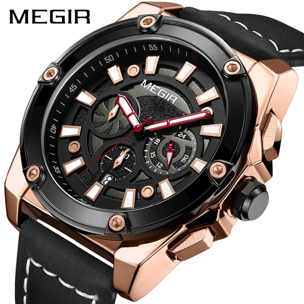 

MEGIR Chronograph Mens Watches Top Brand Luxury Casual Sport Date Quartz Leather Wristwatches Waterproof Men's Wrist watch Man