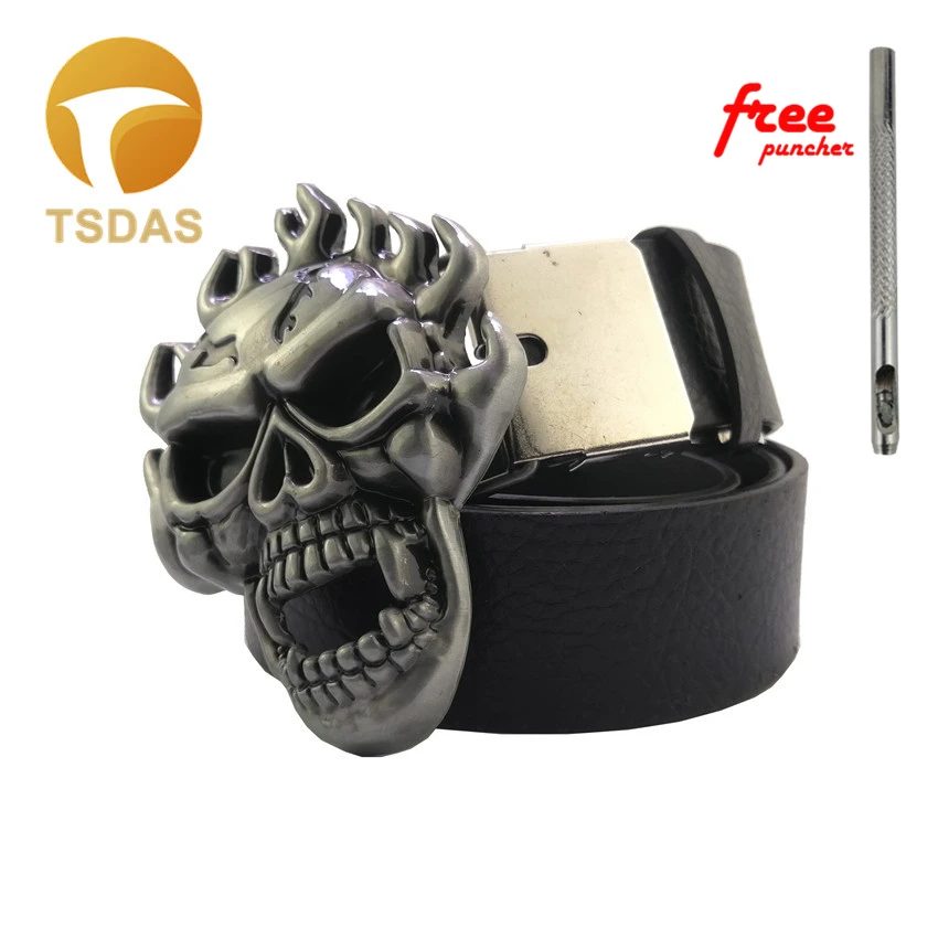 Men Fire Skull Belt Buckle with Metal Silver Vintage Finish Width Western Cool Punk Rock Style Boy's Birthday Gift | Дом и сад
