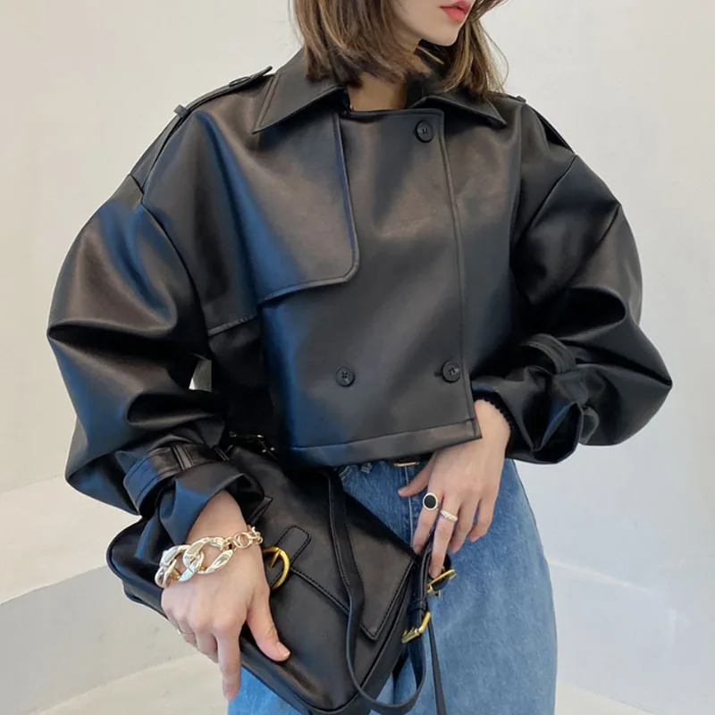 

Winter Clothes Women Cropped Jacket Female Chic Korean High Street Solid Black Pu Leather Jackets Woman Coat Long Sleeve Outwear