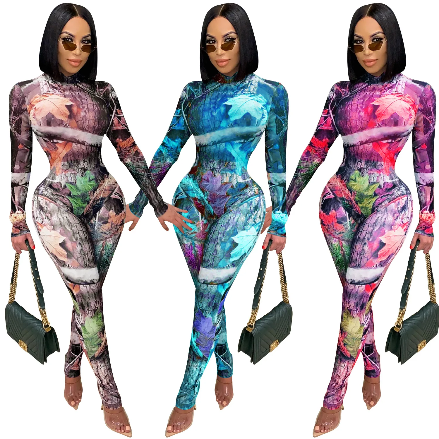 

SUJYing Summer New Fashion Sexy Close-fitting Printing Perspective Long-sleeved Pants Two Piece Set Women