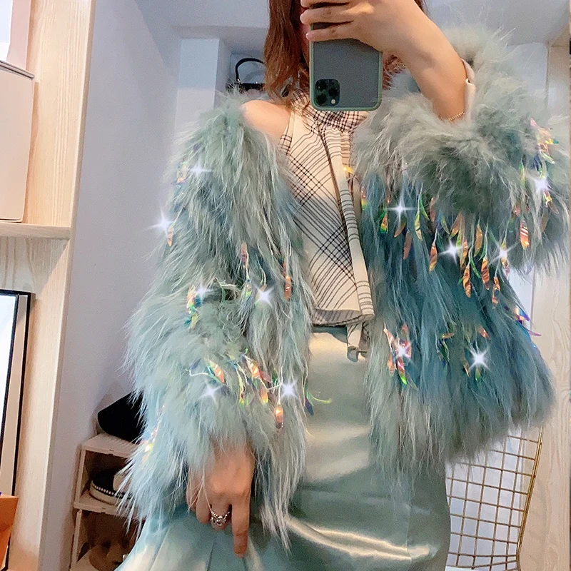 RosEvans Winter Personality Sequin Fashion Women Real Fur Jacket Net Red Coat Female White Raccoon Fur Strip Tassel Jacket 2020